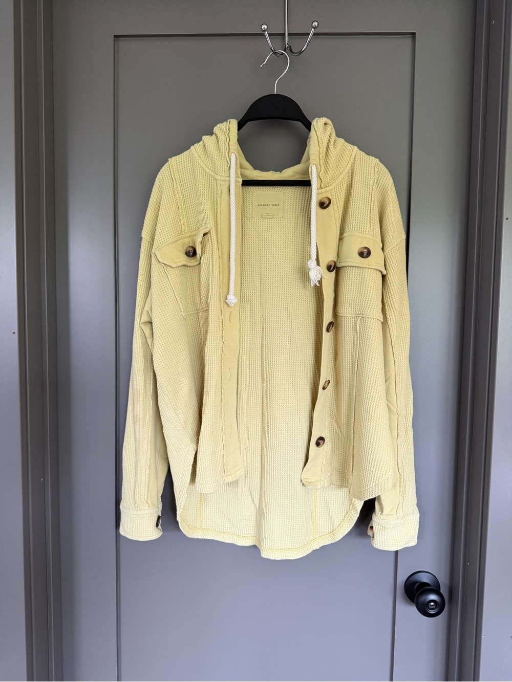 American Eagle Outfitters Pale Yellow Waffle-Knit Hooded Shirt Jacket
